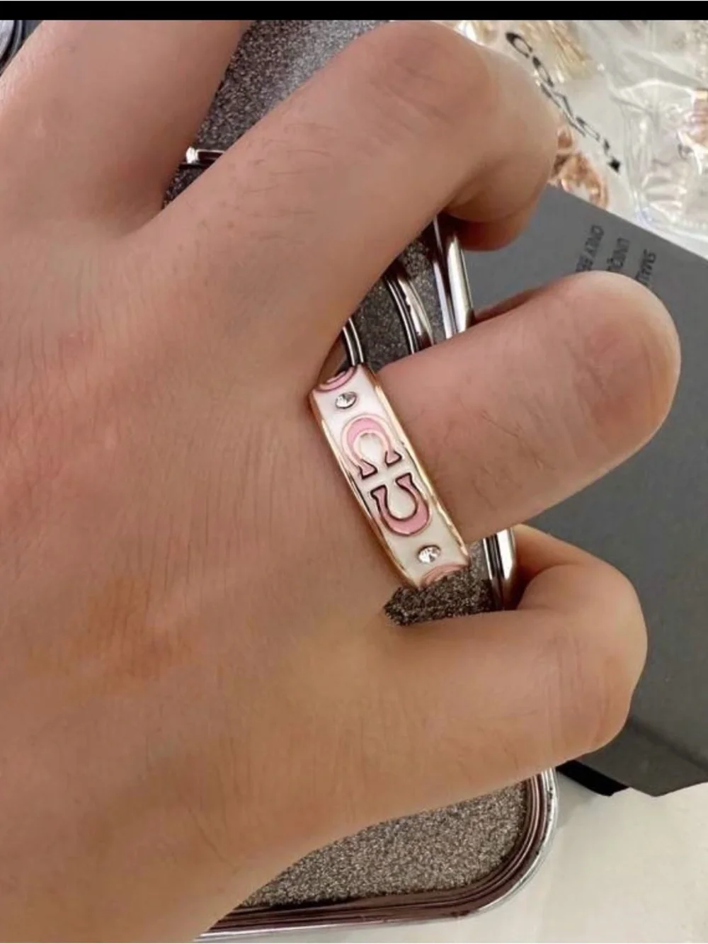 Western Horseshoe Ring Pink Enamel Accent Ring - Women Jewelry